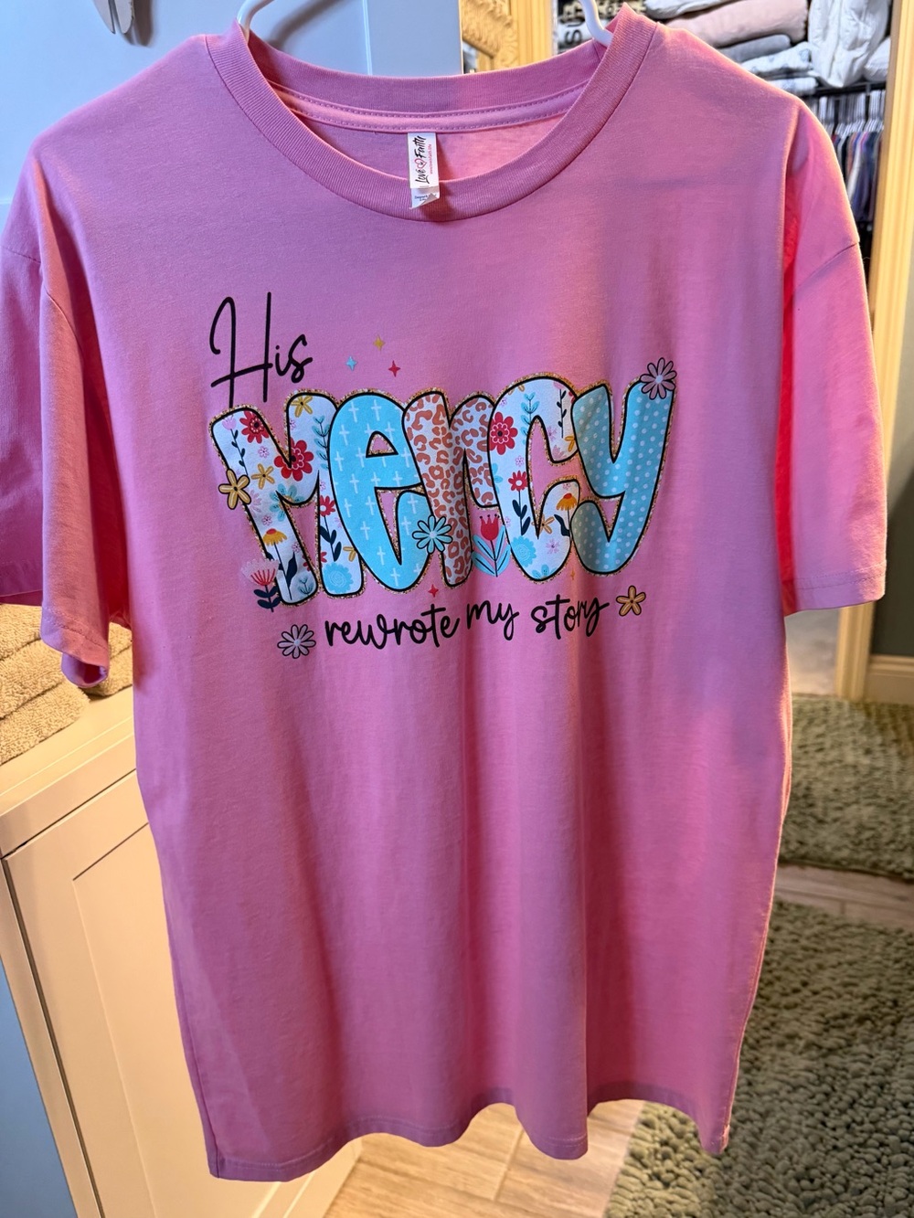Pink Graphic Tee - His Mercy Rewrote My Story